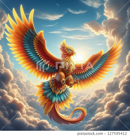 golden dragon on blue sky background 127595412