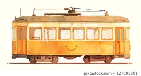 Charming watercolor of a vintage yellow tram exuding warmth and nostalgia with a cute smiley 127595501
