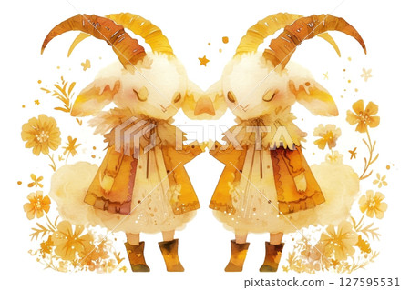 Charming twin creatures in golden hues hold hands, surrounded by whimsical florals. Charming twin creatures in golden hues hold hands, surrounded by whimsical florals. 127595531