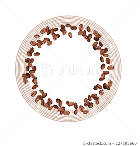 Hand-drawn round frame illustration with scattered brown coffee beans. Ideal for kitchen decor, cafe branding, or packaging design 127595660