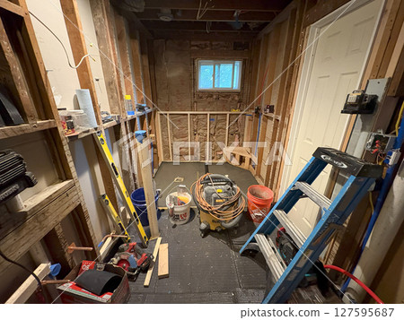 Bathroom Renovation Project Inside a Home With Tools and Materials Present 127595687