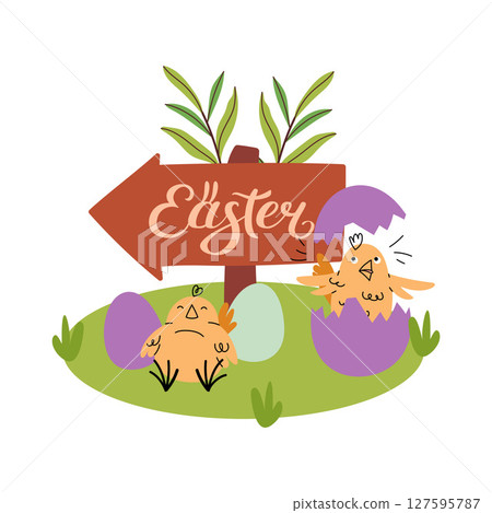 Bright flat vector illustration of Easter greeting card with funny chick, egg, grass and sign. Perfect for spring holiday cards, banner, invitation, poster, web design, printable decor. 127595787