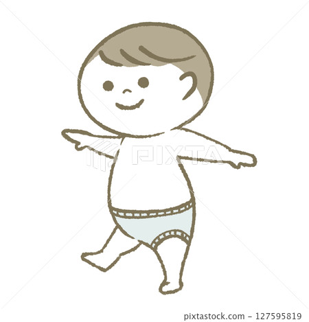 Smiling baby walking in diapers 127595819