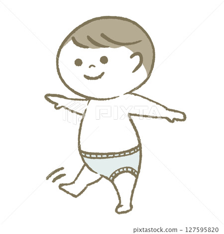 Smiling baby walking in diapers Smiling baby walking in diapers 127595820