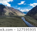 Scenic view of Chulyshman River Valley in Altai. lush green vegetation and towering mountains under cloudy sky. Travel and landscape photography. 127595935