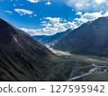 Scenic view of Chulyshman River Valley in Altai. lush green vegetation and towering mountains under cloudy sky. Travel and landscape photography. 127595942