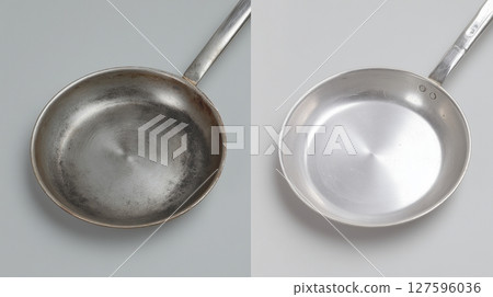Before and after polishing a frying pan Comparison of removing burnt parts Before and after polishing a frying pan Comparison of removing burnt parts 127596036