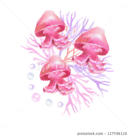 Vibrant hand-painted watercolor composition with pink corals, jellyfish and bubbles. Composition for marine design. 127596128