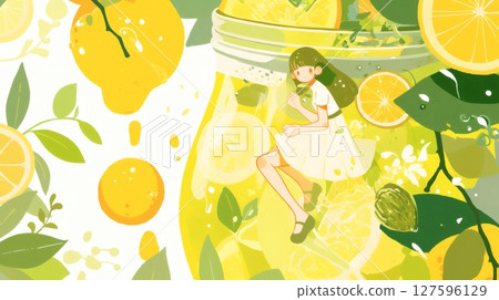 檸檬各種水果和果汁插畫 127596129