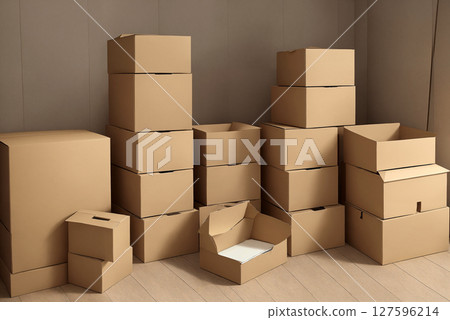 A stack of cardboard boxes in a room, a lot of objects. Generative AI. 127596214