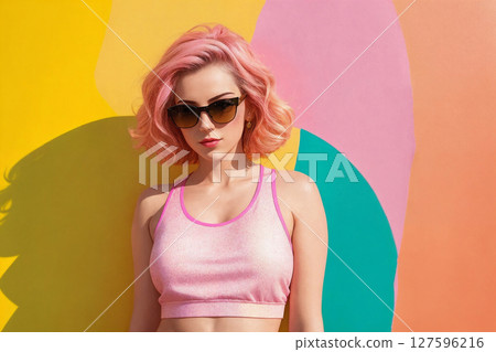 Portrait of a fashionable woman with pink hair and sunglasses on yellow background. Generative AI. Portrait of a fashionable woman with pink hair and sunglasses on yellow background. Generative AI. 127596216