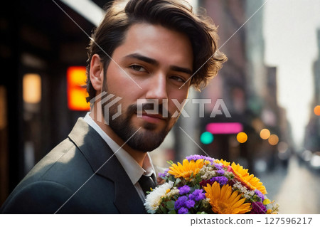 Portrait of a man with bouquet of flowers in a city street. Generative AI. 127596217