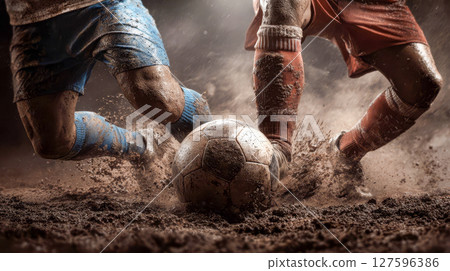 Muscular legs of two football players in a tense moment of fighting for the ball, splashes of mud from the field at the stadium, concentrated match 127596386