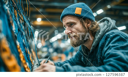 Technician working with large industrial equipment in workshop, wires and ducts overhead, production line 127596387