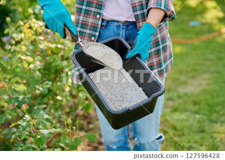 Close-up mineral fertilizer in hands of gardener, outdoor 127596428