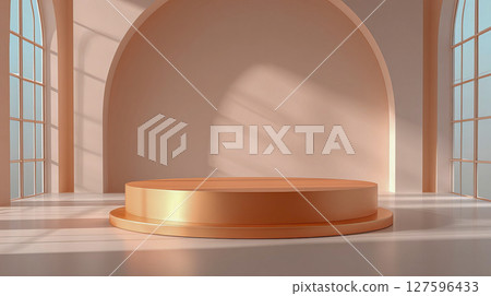 Modern minimalist backdrop with round podium for luxury items display, bright room interior 127596433