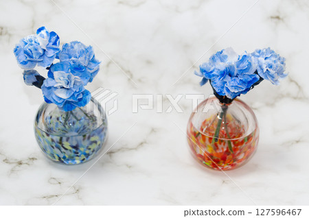 A vase with a bud and three carnations arranged in two groups on either side 127596467