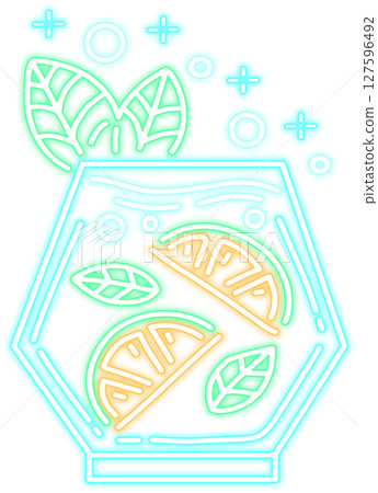 Neon Glow Cocktail Drink with Lemon and Mint Illustration Neon Glow Cocktail Drink with Lemon and Mint Illustration 127596492
