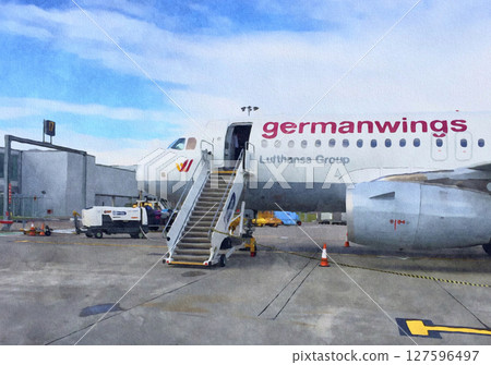 Germanwings after landing at Edinburgh Airport (watercolor-style illustration AI generated from original image) 127596497