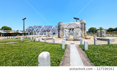 Hanazono Rugby Stadium and talking stones with a Stonehenge motif 127596561