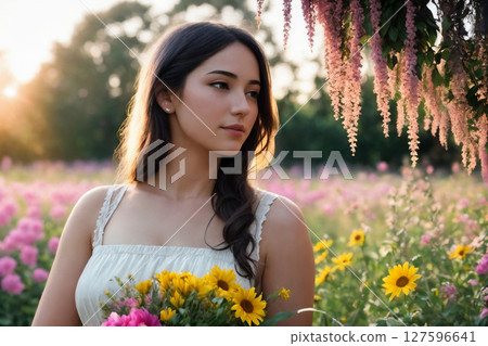 Portrait of a woman with bouquet of flowers in a garden. Generative AI. 127596641