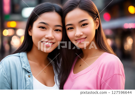 Portrait of a beautiful asian girls, city street as a background. Generative AI. 127596644