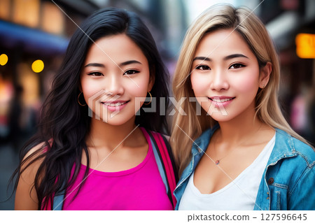 Portrait of a beautiful asian girls, city street as a background. Generative AI. 127596645