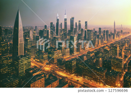 Cityscape at sunset aerial view, skyscrapers and street lights. Generative AI. Cityscape at sunset aerial view, skyscrapers and street lights. Generative AI. 127596696