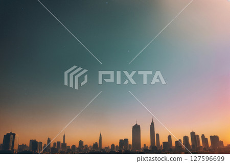 Cityscape at sunset aerial view, skyscrapers and street lights. Generative AI. Cityscape at sunset aerial view, skyscrapers and street lights. Generative AI. 127596699