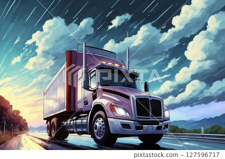 A truck driving down the road. Landscape with forest in the background, cloudy sky, painted style. Generative AI. 127596717
