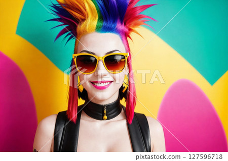 Portrait of a woman with mohawk hair and sunglasses on a abstract colorful painted wall background, summer vibrancy. Generative AI. 127596718