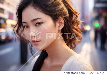 A beautiful asian woman portrait, city street as background. Generative AI. 127596734