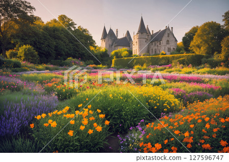 Flower garden, flowerbed close-up near old castle, landscaping, beautiful nature in summer. Generative AI. 127596747