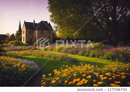 Flower garden, flowerbed close-up near old house, landscaping, beautiful nature in summer. Generative AI. 127596749