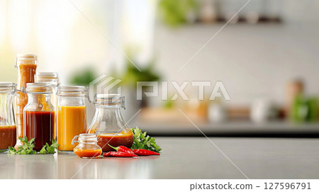 Variety of glass jars and bottles with hot pepper and chilli sauces in kitchen Variety of glass jars and bottles with hot pepper and chilli sauces in kitchen 127596791