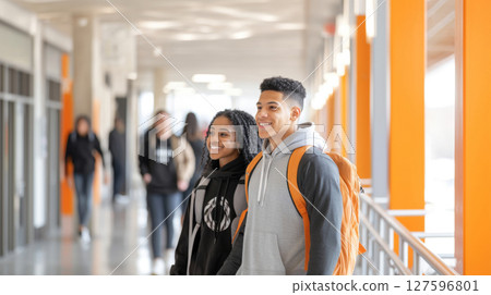 Students walking in college hallway, young latin american man and african woman 127596801