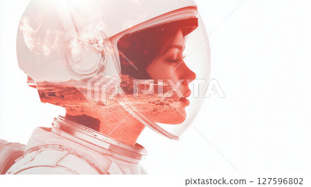 Double exposure female astronaut in helmet merging with landscape, futuristic concept 127596802