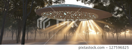 Alien spaceship hovering above misty forest landscape at dawn, conceptual background 127596825