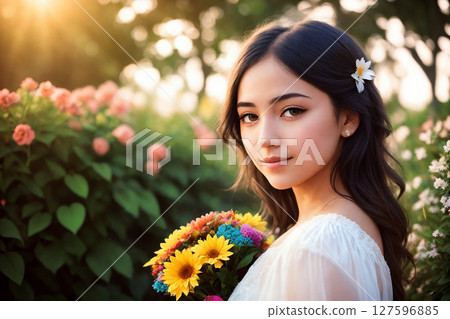 Portrait of a happy young woman with flowers in a garden. Generative AI. 127596885