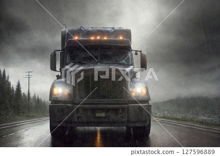 A truck is driving on the road. Dark dramatic landscape with forest as background, gloomy sky, rainy clouds. Generative AI. A truck is driving on the road. Dark dramatic landscape with forest as background, gloomy sky, rainy clouds. Generative AI. 127596889