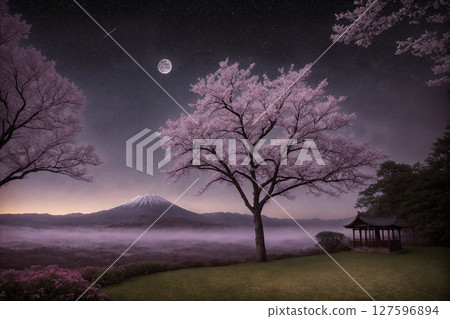 Sakura blossoms in japanese style ornamental garden, beautiful landscape. Generative AI. 127596894
