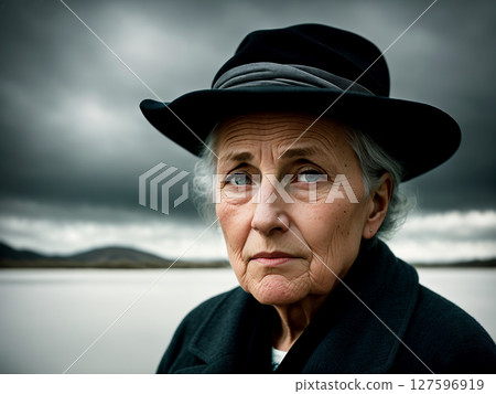 Dramatic portrait of an elderly woman, late autumn landscape as background, dark sky with storm clouds. Generative AI. Dramatic portrait of an elderly woman, late autumn landscape as background, dark sky with storm clouds. Generative AI. 127596919