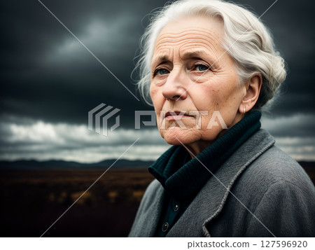 Dramatic portrait of an elderly woman, late autumn landscape as background, dark sky with storm clouds. Generative AI. Dramatic portrait of an elderly woman, late autumn landscape as background, dark sky with storm clouds. Generative AI. 127596920