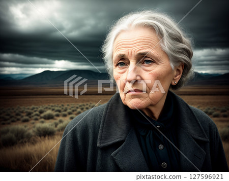 Dramatic portrait of an elderly woman, late autumn landscape as background, dark sky with storm clouds. Generative AI. Dramatic portrait of an elderly woman, late autumn landscape as background, dark sky with storm clouds. Generative AI. 127596921