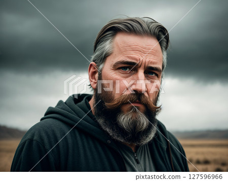 Dramatic portrait of a man, late autumn season, wild landscape as background, dark sky with storm clouds. Generative AI. 127596966