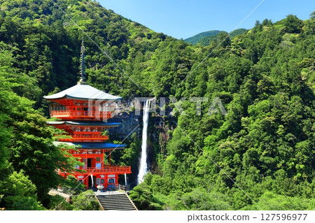 [Wakayama Prefecture] Seiganto-ji Temple's three-story pagoda and Nachi Falls on a clear day (Kumano Nachi Taisha Shrine) 127596977