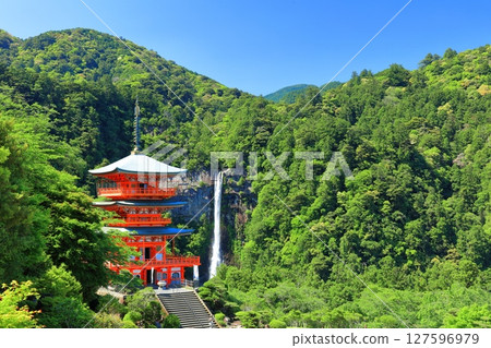 [Wakayama Prefecture] Seiganto-ji Temple's three-story pagoda and Nachi Falls on a clear day (Kumano Nachi Taisha Shrine) 127596979
