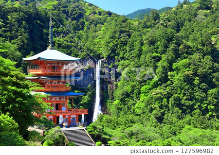 [和歌山縣] 晴天時的青岸渡寺三層寶塔和那智瀑布（熊野那智大社） 127596982