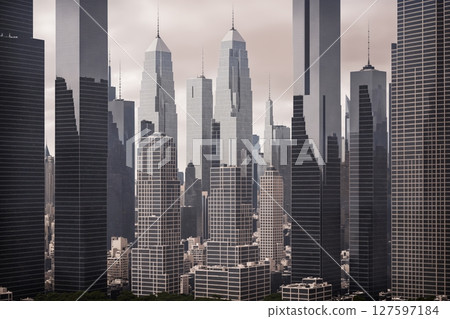 Aerial view of modern city at sunset, skyscrapers and street lights. Generative AI. 127597184