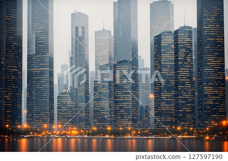 Aerial view of modern city at sunset, skyscrapers and street lights. Generative AI. 127597190